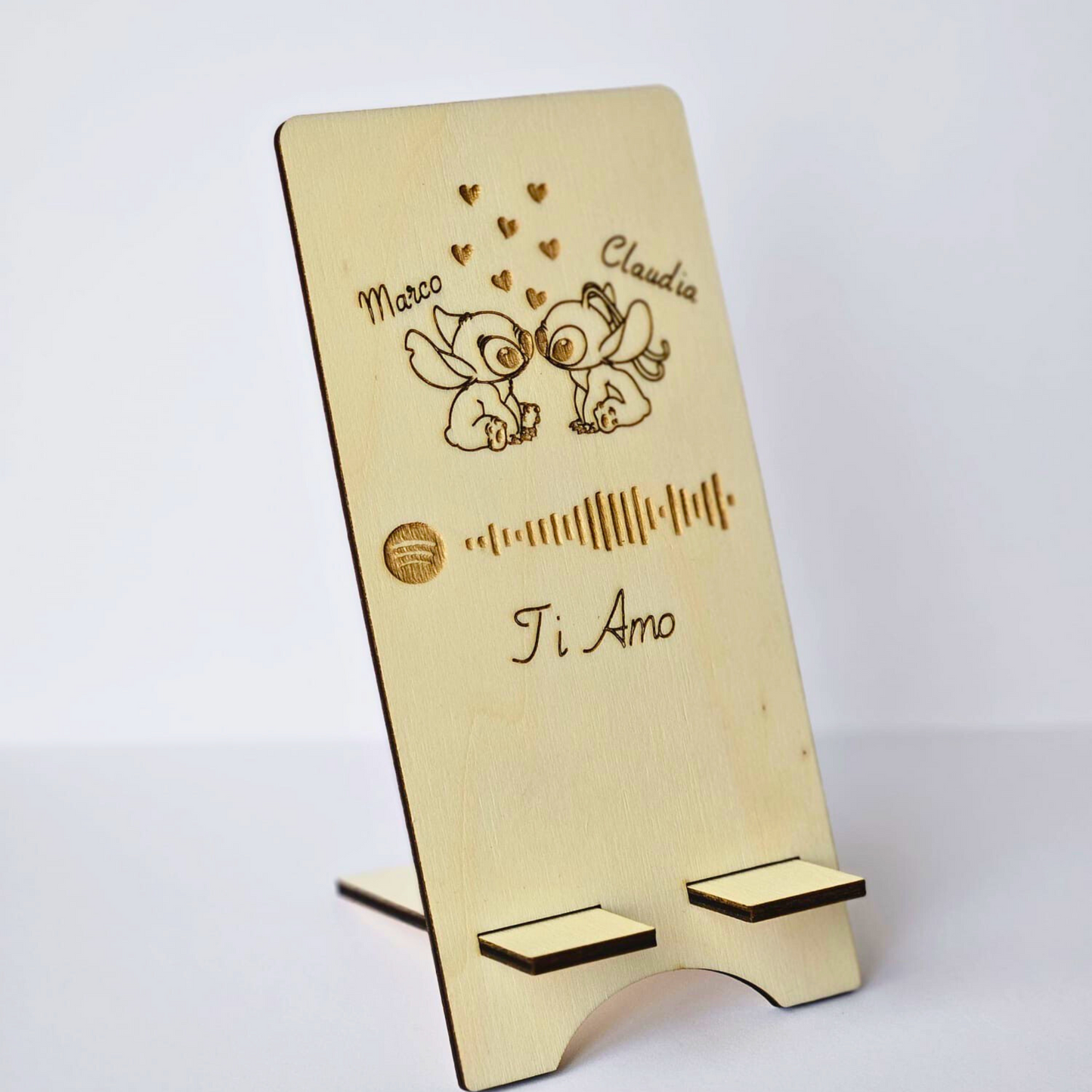 Porta Telefono in Legno Personalizzato con Nome, Canzone e QR Code "Stitch"