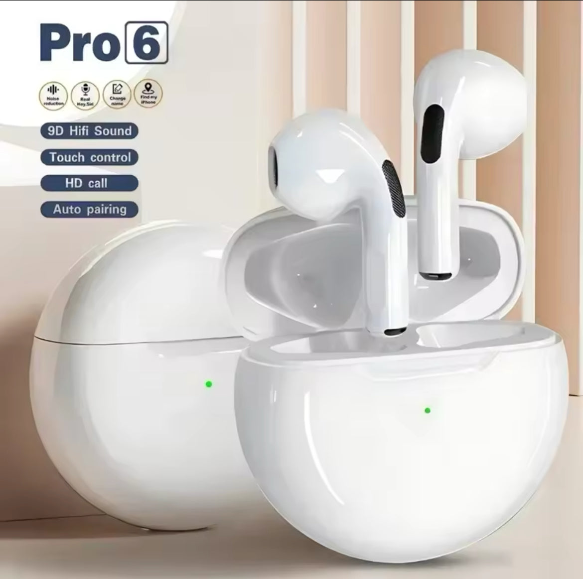 Pro 6 TWS Auricolari Bluetooth Senza Fili con Cancellazione del Rumore e Microfono per iPhone
